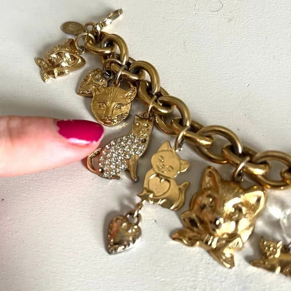VTG Kirk’s Folly Gold Tone Cat Charm Bracelet Hearts Crystals 8” - Picture 12 of 14